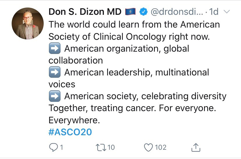 Tweet by Dr. Don S. Dizon about global collaboration at ASCO20