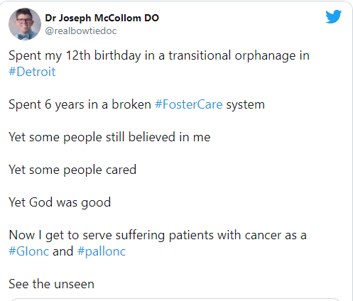 Tweet by Dr. Joseph McCollom about growing up in foster care