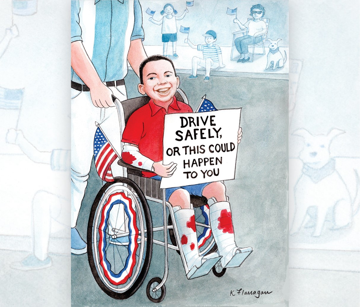 An illustration of Dr. Winer as a child in a wheelchair on July 4.