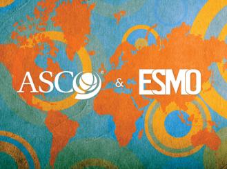 ASCO and ESMO logos on a world map