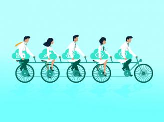 Stock graphic of doctors riding a tandem bicycle