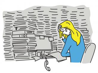 illustration of an overwhelmed woman in a gray office crying