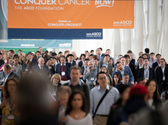 Conquer Cancer banner and crowd at ASCO Annual Meeting