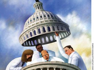 Grapic of doctors raising the top off the U.S. Capitol building