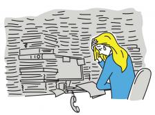 illustration of an overwhelmed woman in a gray office crying