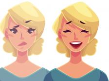 Graphic of a woman side, stressed and happy